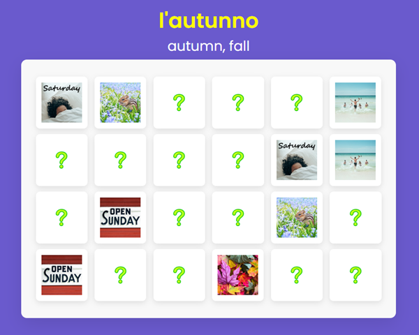 Italian for Beginners – Memory Game – Days of the Week and 4 Seasons Vocabulary